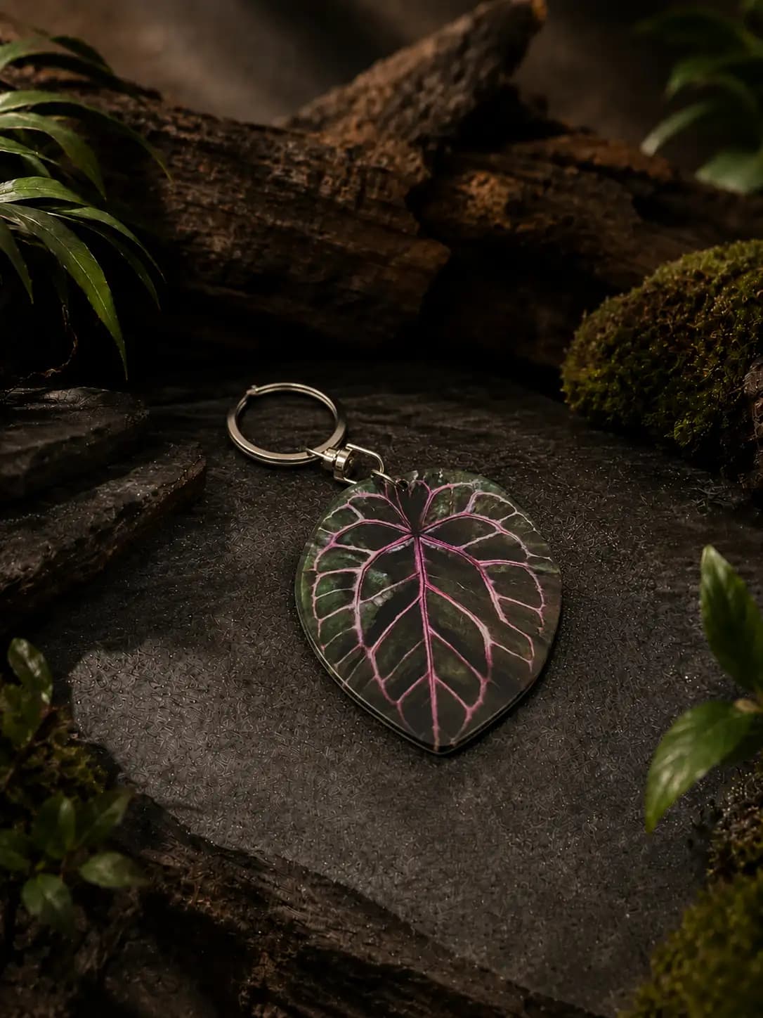 Anthurium Red Crystallinum Leaf Keychain