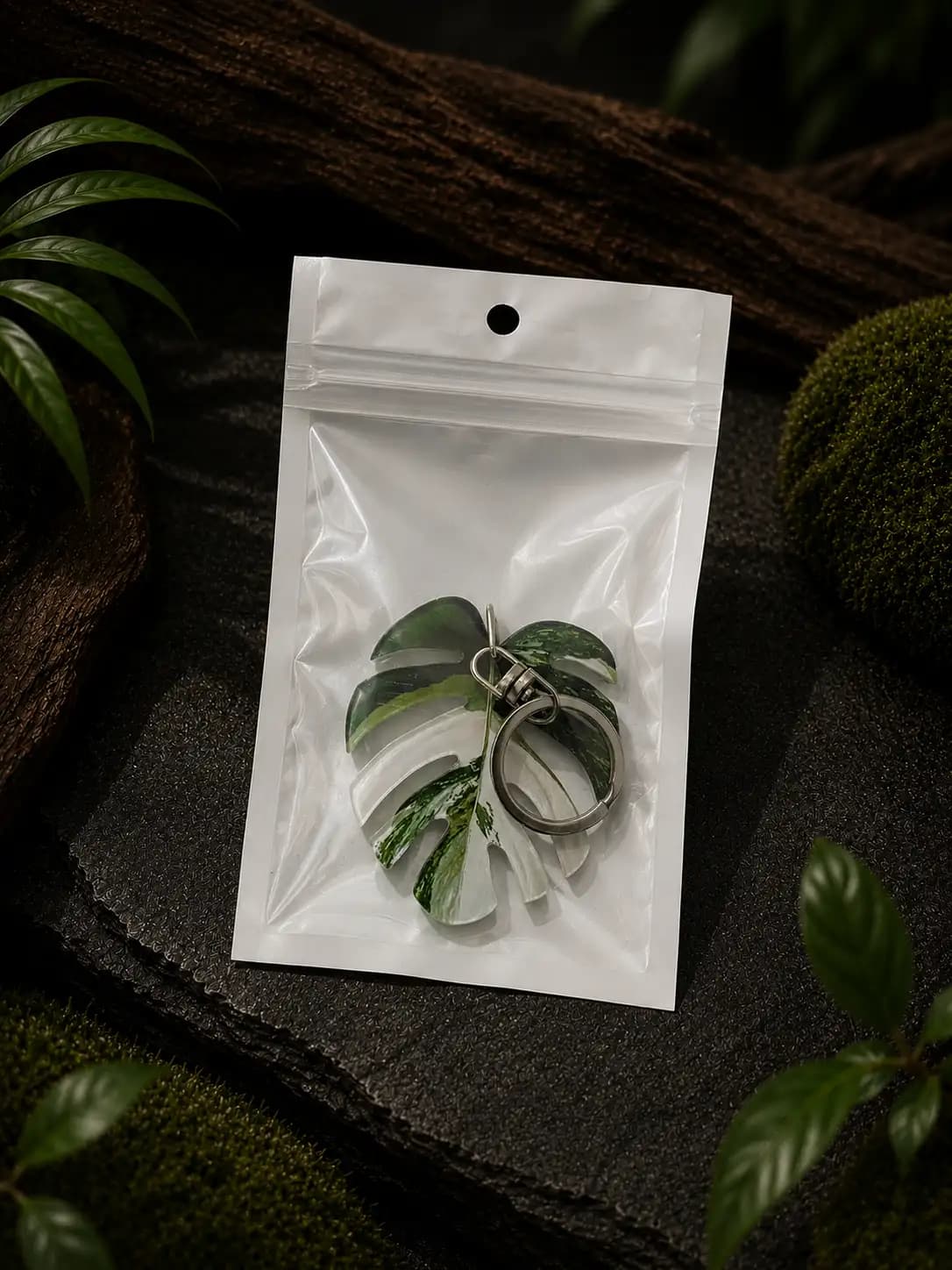 Monstera Albo Variegated Leaf Keychain thumbnail 2