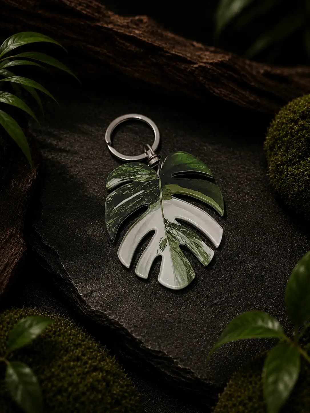 Monstera Albo Variegated Leaf Keychain